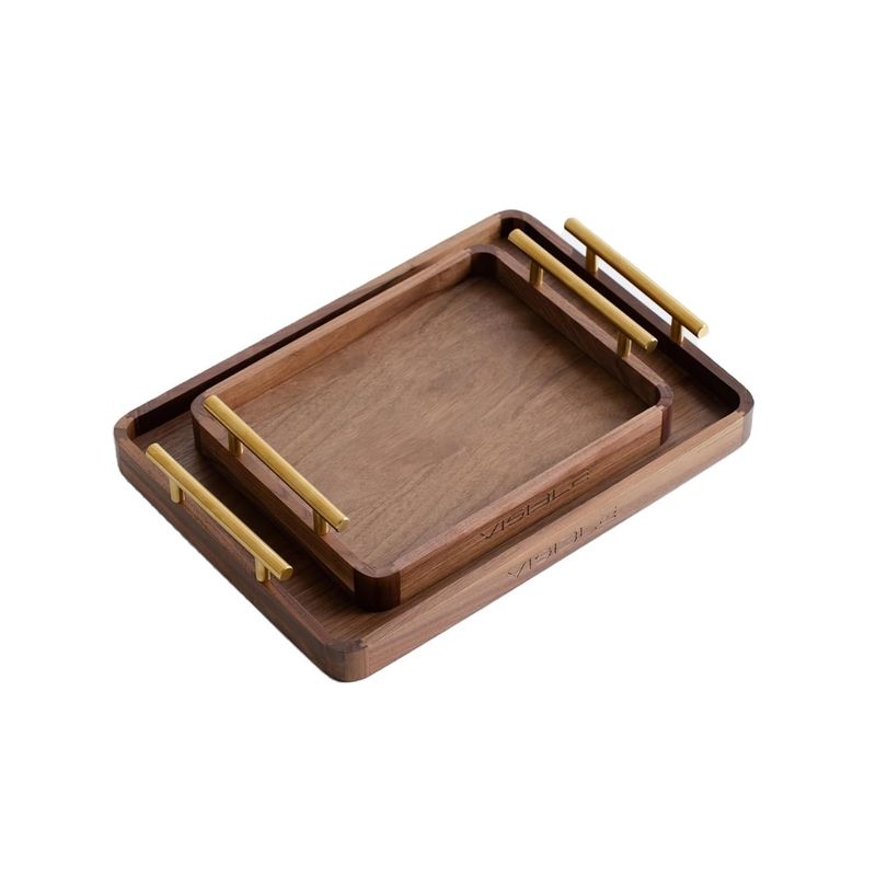 Rustic Brass Handles Walnut Wooden Coffee Table Serving Tray for Desserts Cakes Tea Cups Handmade