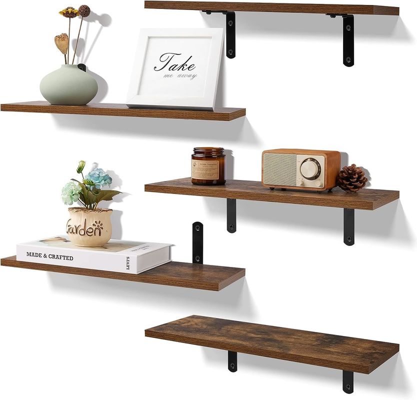 Dark Brown Set Of 5 Wooden Wall Mounted Floating Shelves Household Storage Containers