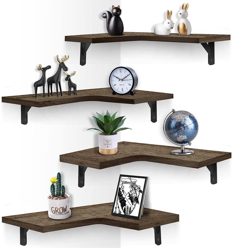 Custom Size Color Material Rustic Wood Corner Floating Shelves Wall Mounted Set Of 4