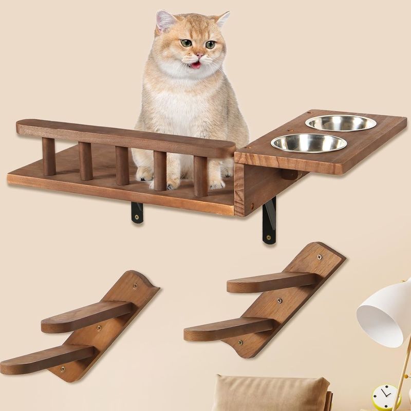 Say Goodbye to Messy Floors Wall Mounted Cat Feeding Shelf with Ladder and 2 Bowls
