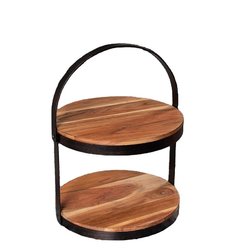 As Your Request 2 Tier Wooden Serving Tray with Metal Holder Cake Dessert Display