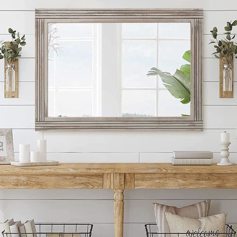 Wooden Spliced Wall Mirror for Bathroom Solid Wood Frame Rustic Farmhouse Vanity Mirror
