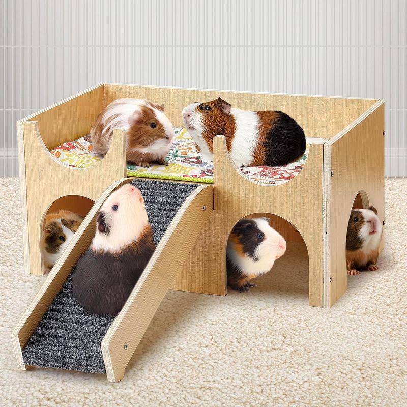 Sturdy Wooden Guinea Pig Hideout Upgraded Small Animal House with Stairs and Bed Hut