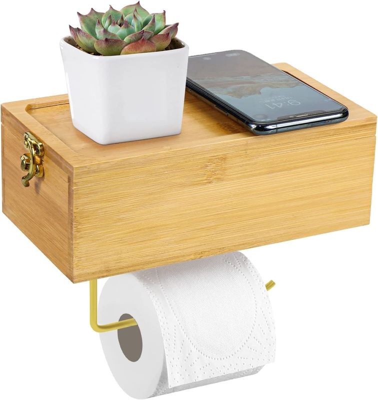 Desk or Sport Bamboo Wall Mounted Toilet Paper Holder with Wet Tissue Storage Box