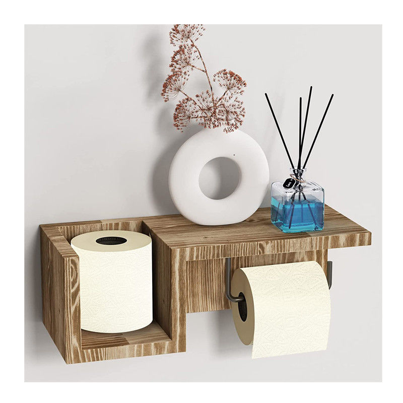 White Wooden Bathroom Wall Mount Toilet Paper Holder Stand with Flushable Storage Shel