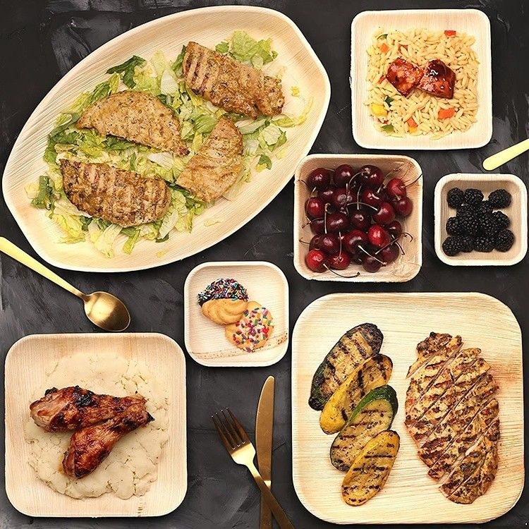 Engraving Technique Compostable Eco Friendly Areca Palm Leaf Disposable Square Plates Set 8 Inch