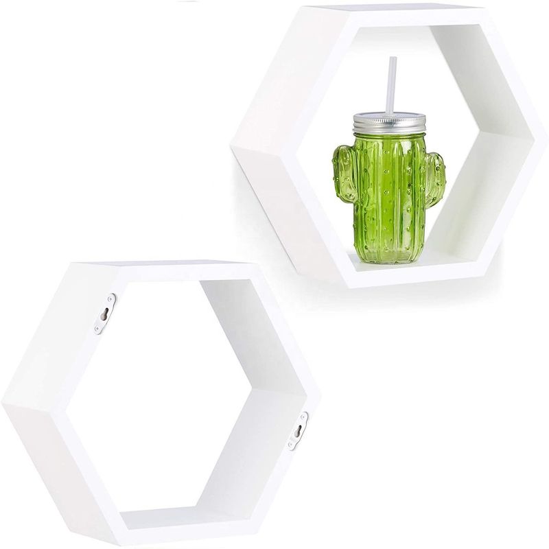 Wooden Carved Hexagon Wall Shelf Set for Rustic Farmhouse Home Decorative Organization