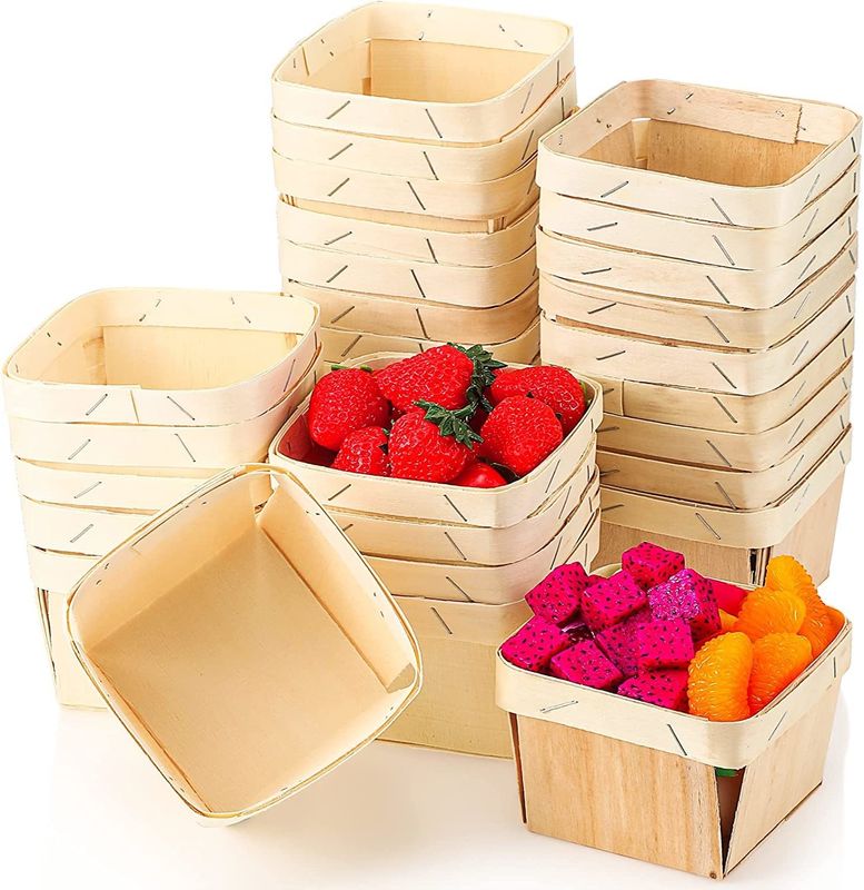 Silk-Screen Printed 5.75-Inch Square Vented Wooden Berry Baskets for Fruit Picking