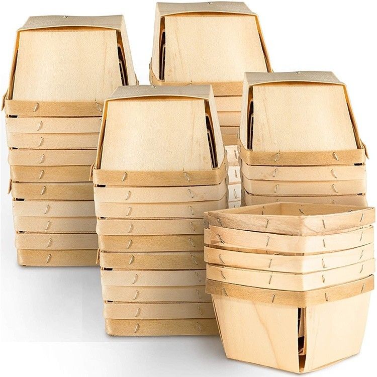 Birch or Poplar Veneer Wood Color 4 x 4 Inch Pint Fruits Baskets for Party Decors