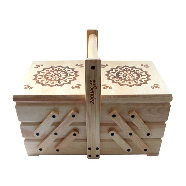 3 Tier Foldable Cantilever Sewing Storage Box with Handle 38x23.5x30cm Burned Finish