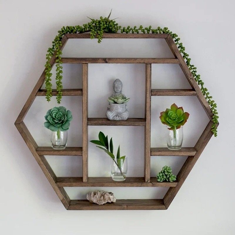 Home Decoration Solid Wood Hexagon Wall Mounted Floating Shelf Wooden Storage Shelves