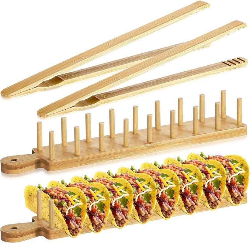Set of 2 Wooden Taco Holders with Handle and Tong Burned Printing Customized Color