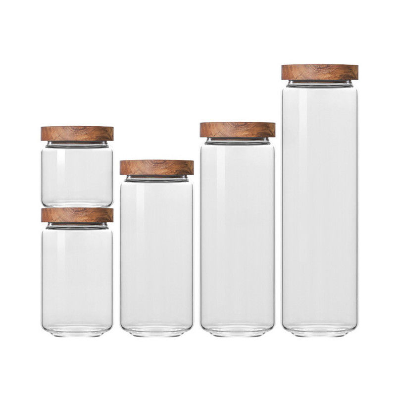 Custom Capacity Stocked Sealed Clear Round Borosilicate Glass Packaging Containers Jar with Wood Lid