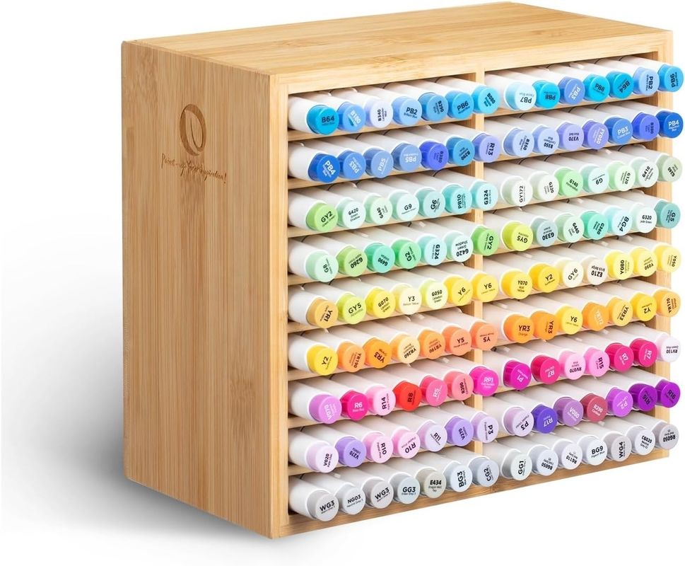 Wooden Desktop Storage Holds 126 Markers 48 Pastel Colors in Bamboo Marker Organizer