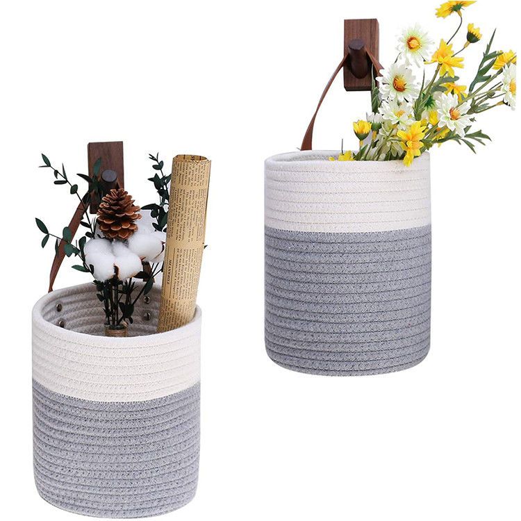 Rope Basket Small Wall Hanging Cotton with Leather Storage Baskets in Customized Color