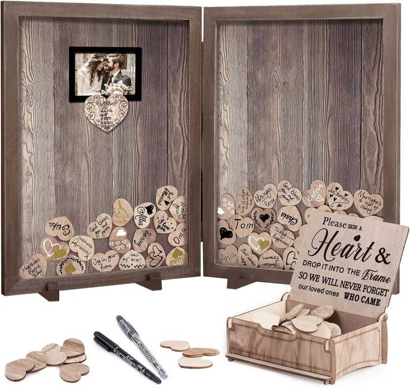 Wood Glass Rustic Wedding Guest Book with Silk-screen Printing Frame and Wooden Heart