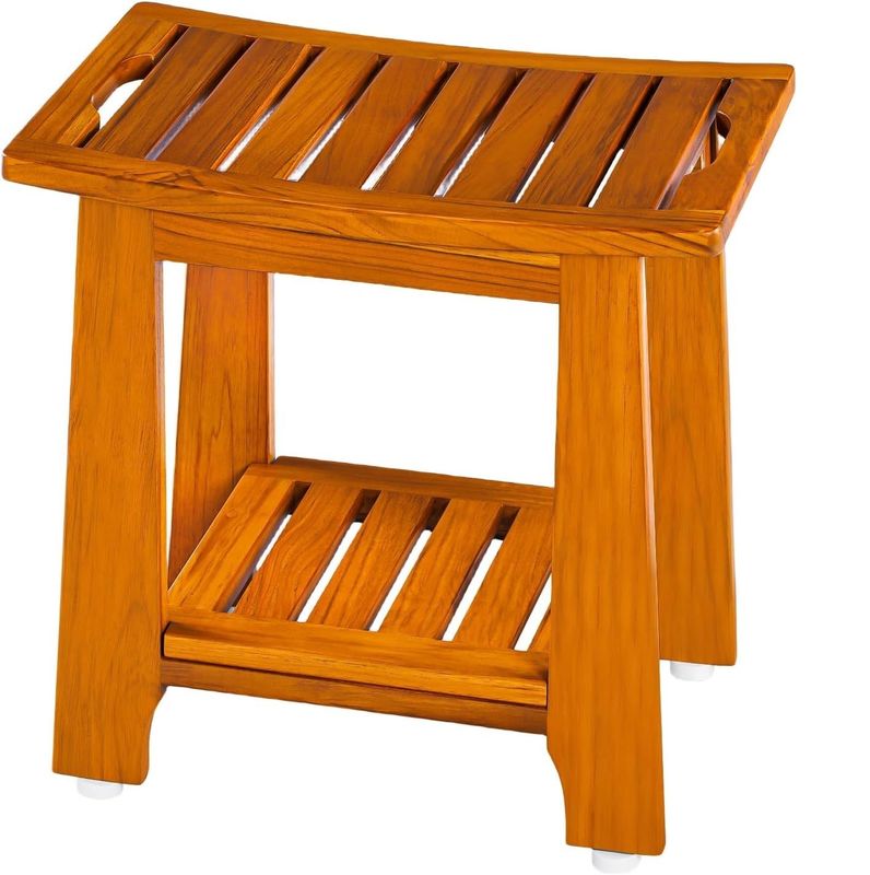 Wooden Bathroom Spa Bathing Stool with Handle and Shelf in Natural Color Teak Wood