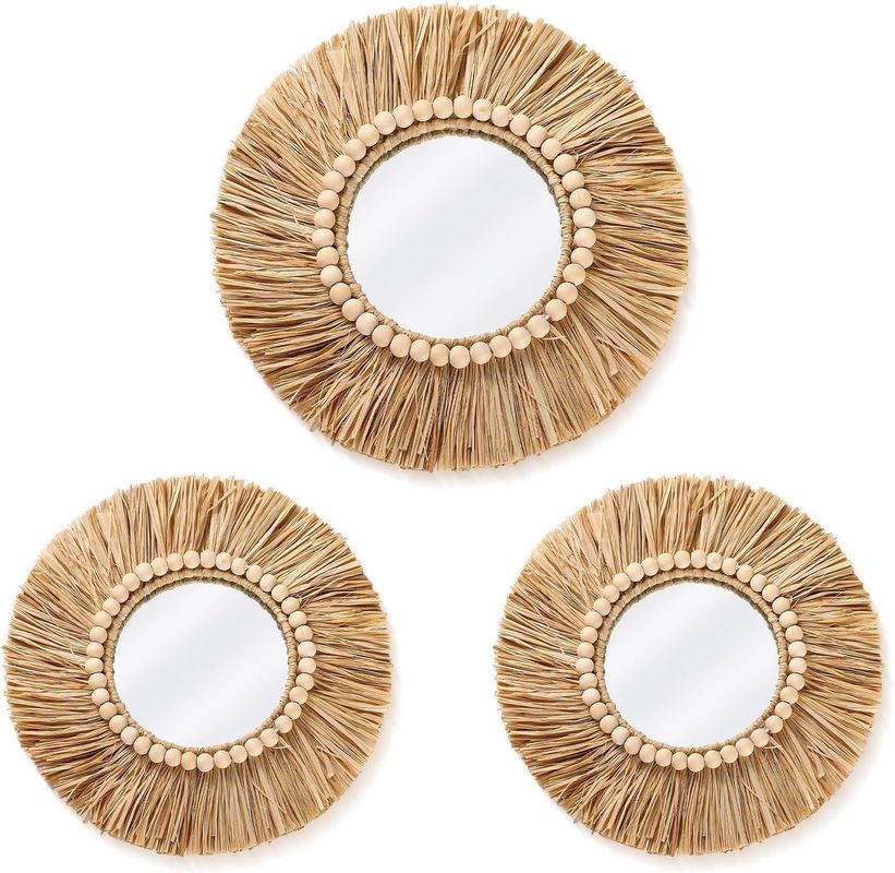 Boho Raffia Mirror Wall Hanging Decor Rustic Round Circle Mirrors Farmhouse Aesthetic