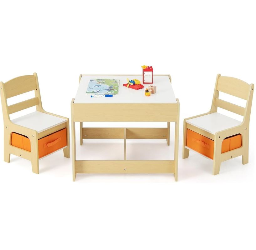 Children Wooden Activity Table and 2 Chairs Kids Learning Toy Set with Storage Drawer