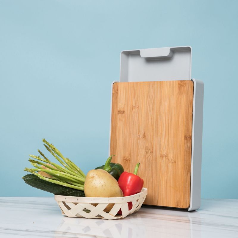 Convenient Drawer-Type Bamboo Natural Color Rectangle Chopping Board for Easy Cutting