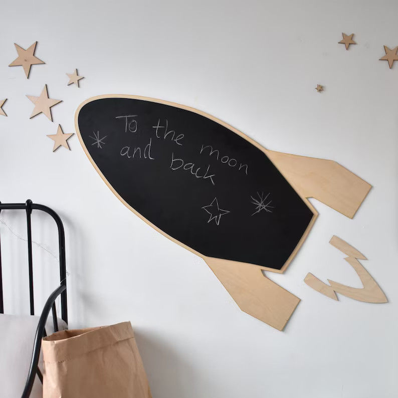 All-Season Toddler Montessori Rocket Wooden Chalk Board with Stars in Modern Design