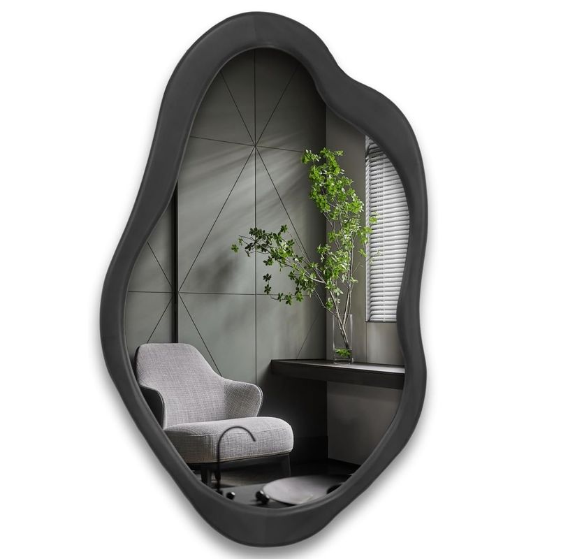 Rustic Wood Black Framed Asymmetrical Wall Wavy Mirror for Living Room Bedroom Entryway Bathroom