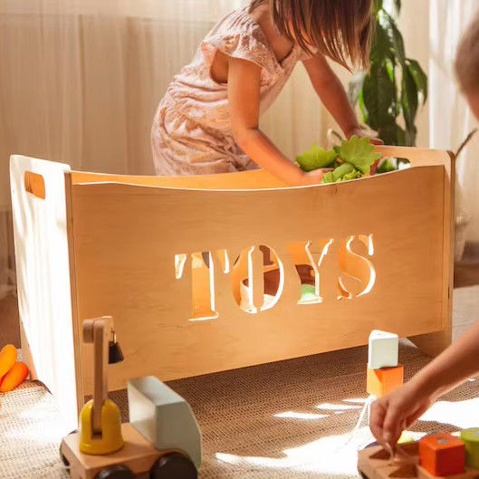 Burned Wood and Glass Toy Organizer Box for Montessori Furniture in Toddler Playroom