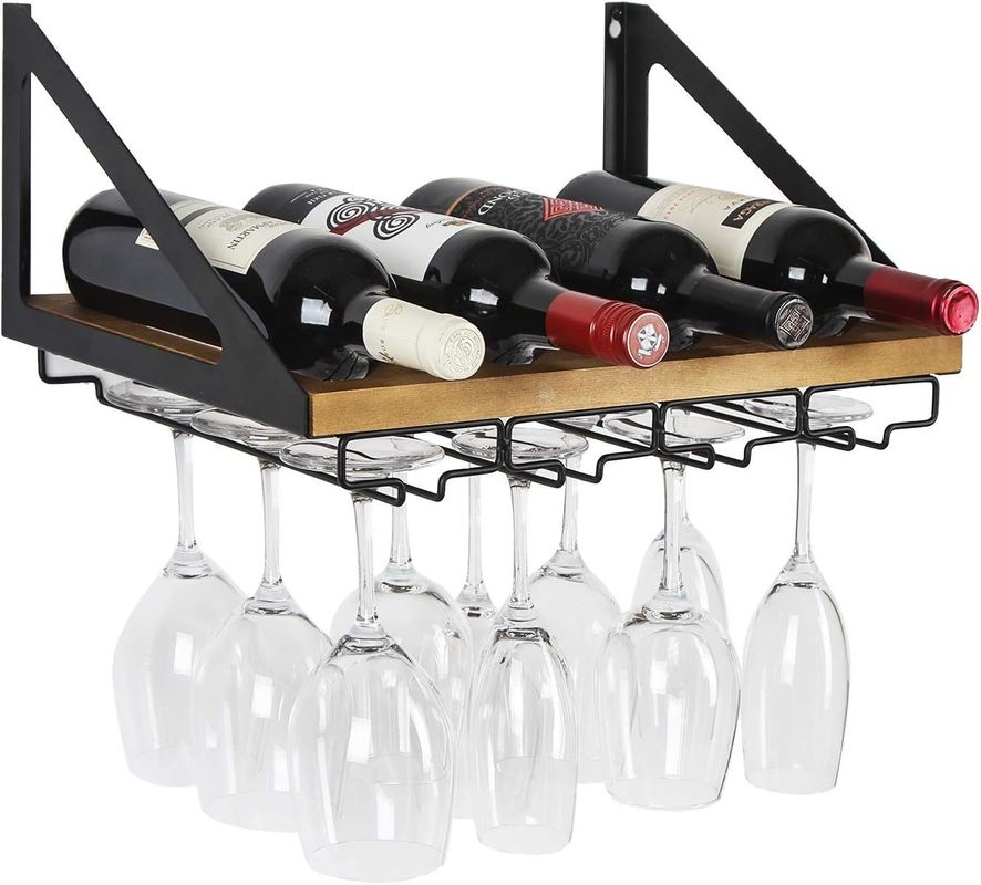 Non-folding Rack Rustic Wood Wall Mount Wine Rack with 4 Metal Wire Glass Holder Custom Design