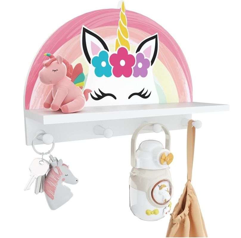 Floating Shelf and Hooks Multifunctional Kids Coat Rack for Girls Bedroom Decoration
