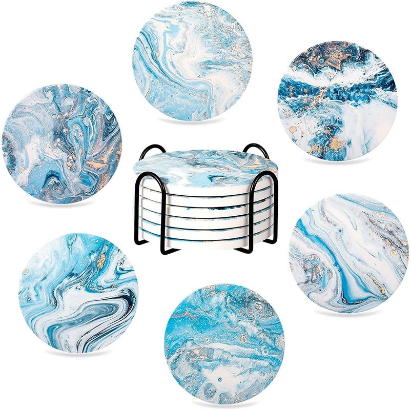 Customized Round 4'' 6 pcs Marble Painted Absorbent Stone Ceramic Coaster with Stand