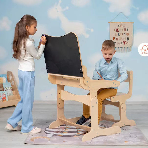 Montessori Kids Study Furniture Set Custom Size Wooden Desk and Chair with Chalk Tabletop