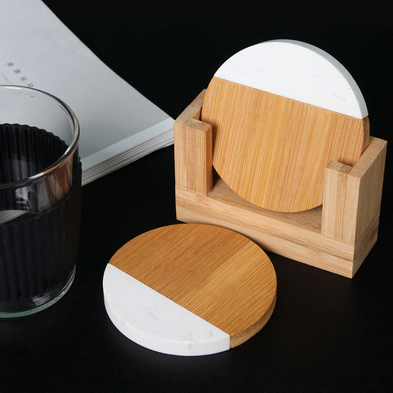 4 Inch Acacia Hexagon Geometric Round Wood And Marble Wooden White Cork Coasters Plate Set