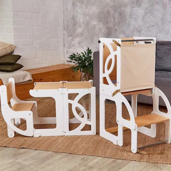 Wooden Kids Kitchen Step Stool Convertible Toddler Tower Table 7 in 1 Seatback and Slide