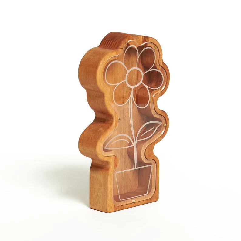 202407 Easter Gift Rocket Coin Bank for Kids Handmade Wooden Daisy Flower Plant Piggy Bank