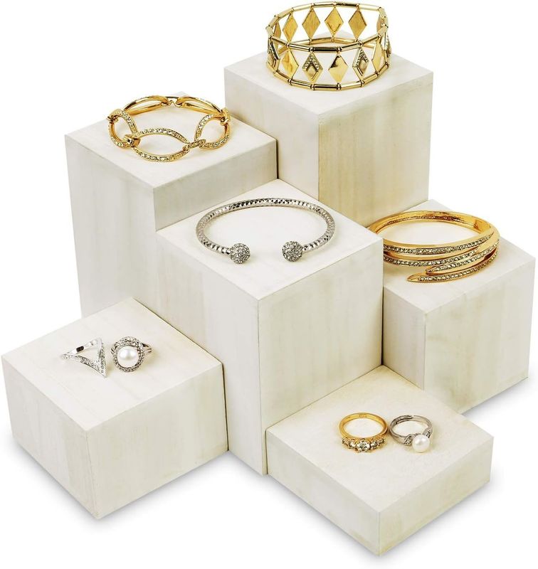Wooden Display Stand for Jewelry and Accessories 6 Pcs Square Risers in Burned Print