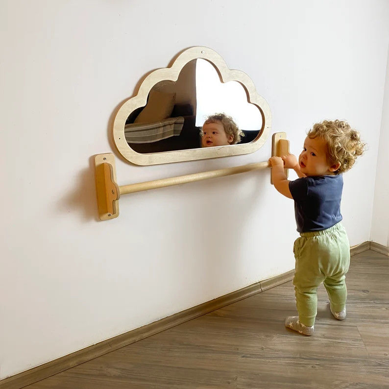 Baby Floor Acrylic Unbreakable Mirror with Pull up Wooden Bar Christmas Sensory Gift