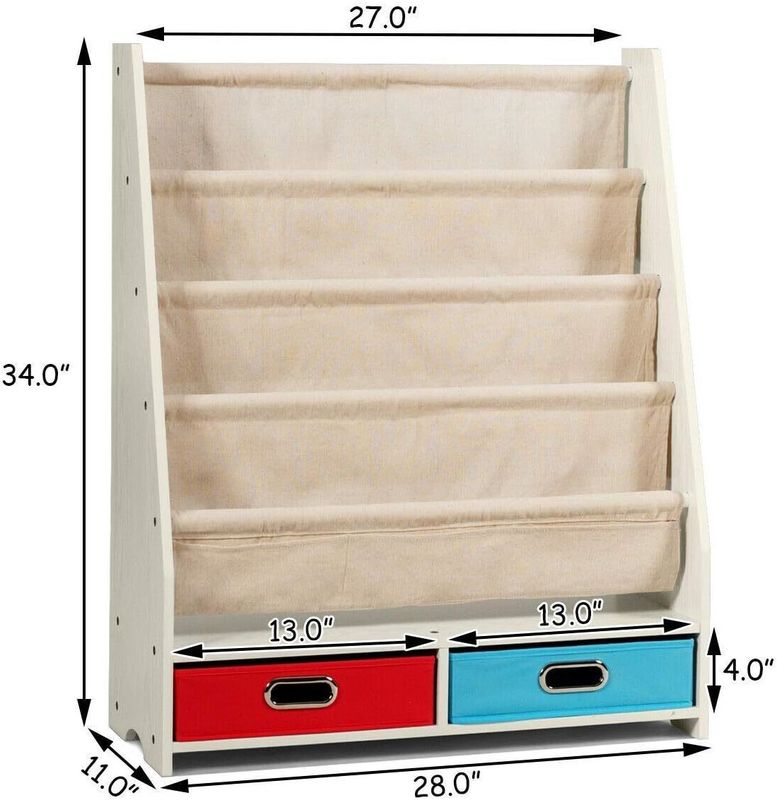 Living Room Furniture Wooden Bookshelf Organizer with 4 Sling Shelves and 2 Pull-Out Toy Storage Boxes