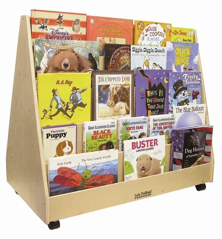 Classroom Bookshelf Kids Storage Cabinet with Stain Color and Double-Sided Mobile Book Display