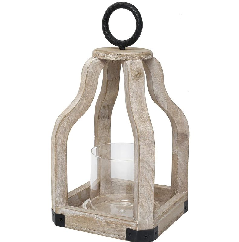 Outdoor Patio Decor Wood Candle Lantern with Glass Candlestick Holder Printing Burned
