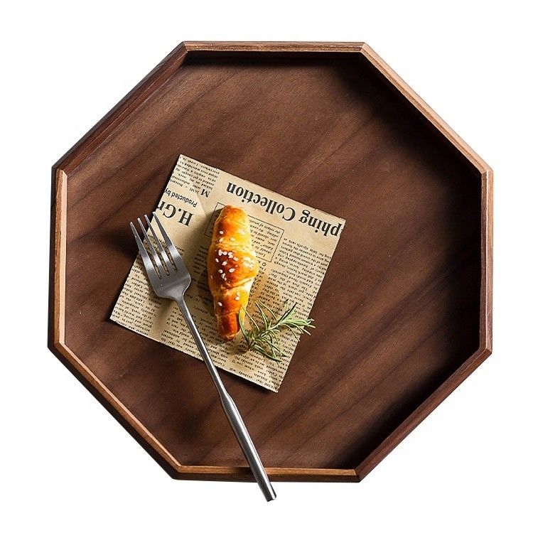 Octagon Round Shape Acacia Walnut Wood Serving Tray 30x20x3cm with Burned Printing
