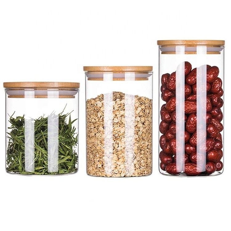 Food grade thick borosilicate glass sealed bamboo lid canister for rice sugar spices