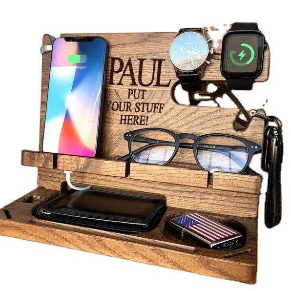 Silk-screen Printed Wooden Docking Station for Men's Phone Wallet and Key Ideal Organizer