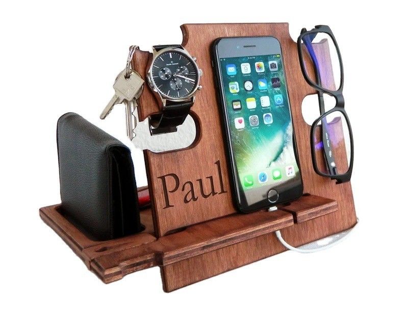 Customized Logo Acceptable Wooden Stand for Phone Wallet Key Gift Men Docking Station