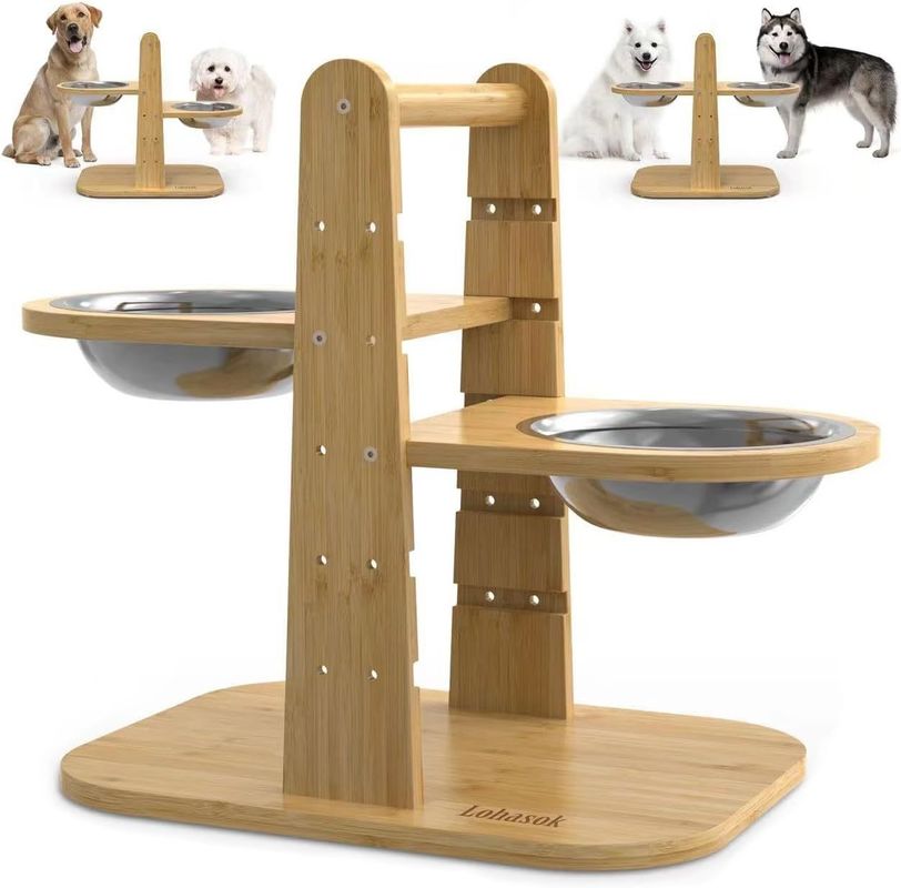Pet Food Bowl Stand Bamboo Elevated Feeder Stand for Adjustable Height NO LCD Display