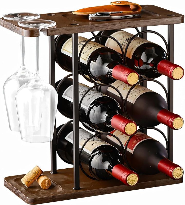 Standing Type Countertop Wine Holder Stand with Wooden Tray and Organization