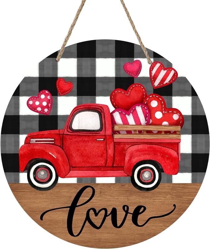 Add Love to Your Home Farmhouse Red Truck Hearts Wood Door Hanger for Valentine's Day