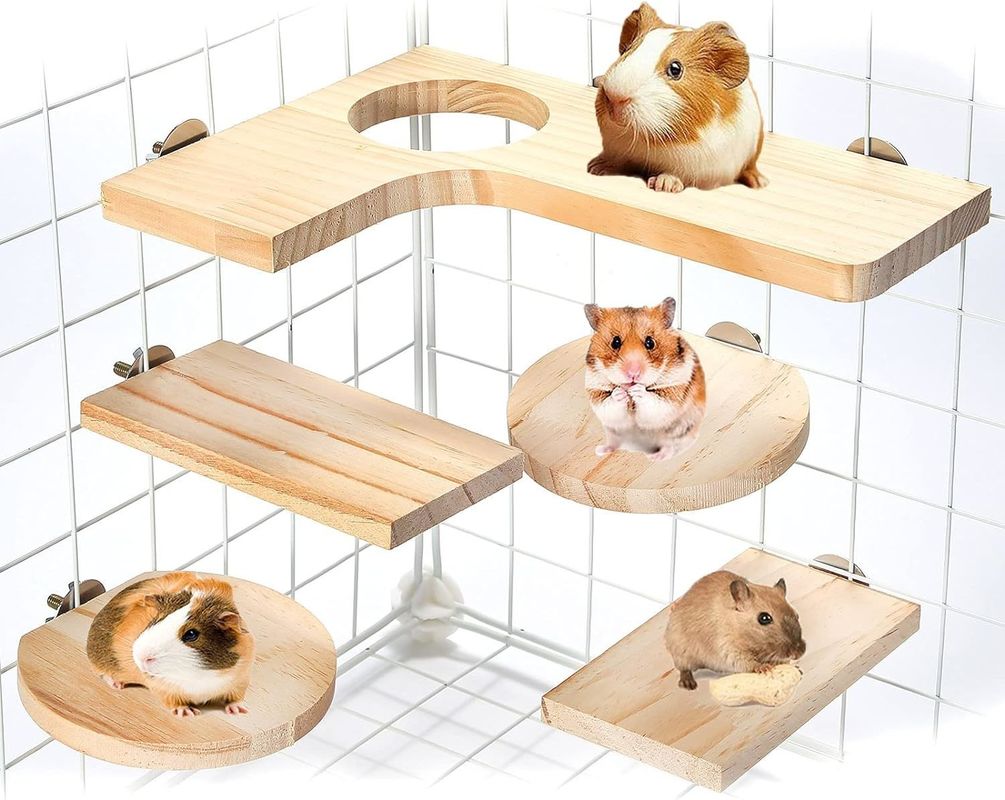 Wooden Platform for Hamster Cage L-Shaped Round Hole 5Pcs Pedal Toys Customized Logo