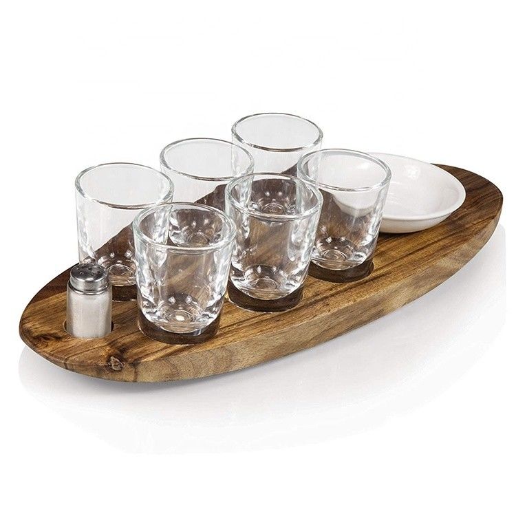 Wooden Plain Color Acacia Wood Cup Holder Shot Glass Cups Serving Tray with Printing