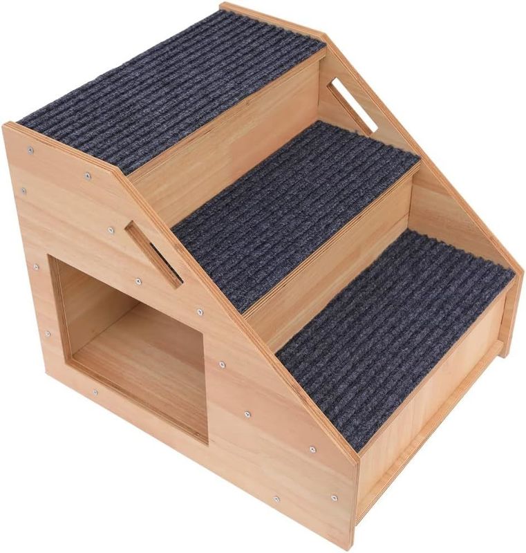 Solid Pattern 3-Tier Wooden Dog Stairs with Non-Slip Steps and Cat House Button Closure