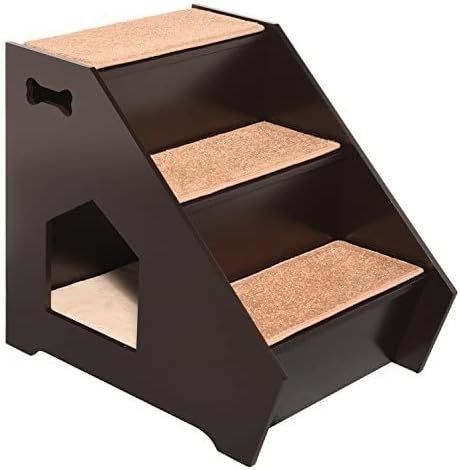 Wooden Pet Stairs w 3 Nonslip Steps and Built-in House Perfect for Dogs Cats Short Pets